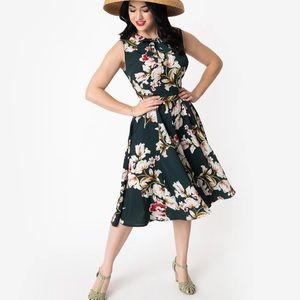 1940s Hunter Green & Pink Floral Olson Swing Dress